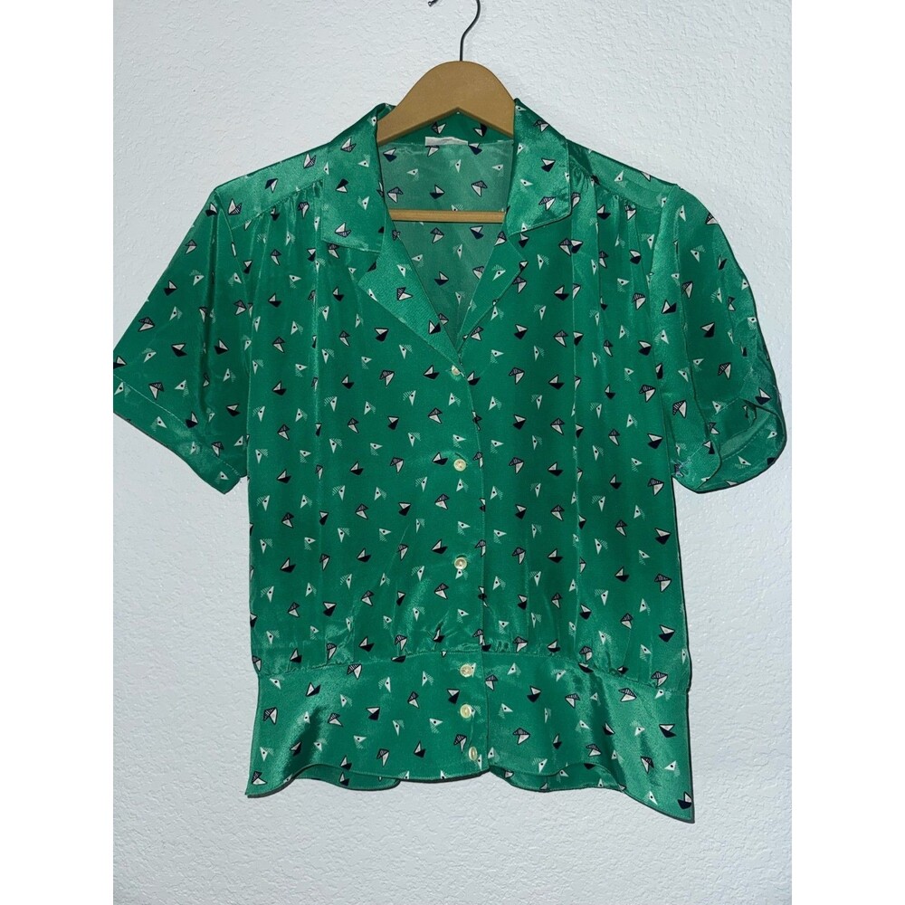 Vintage Koret Green Geometric Blouse Womens Short Sleeve Retro Button Up Shirt